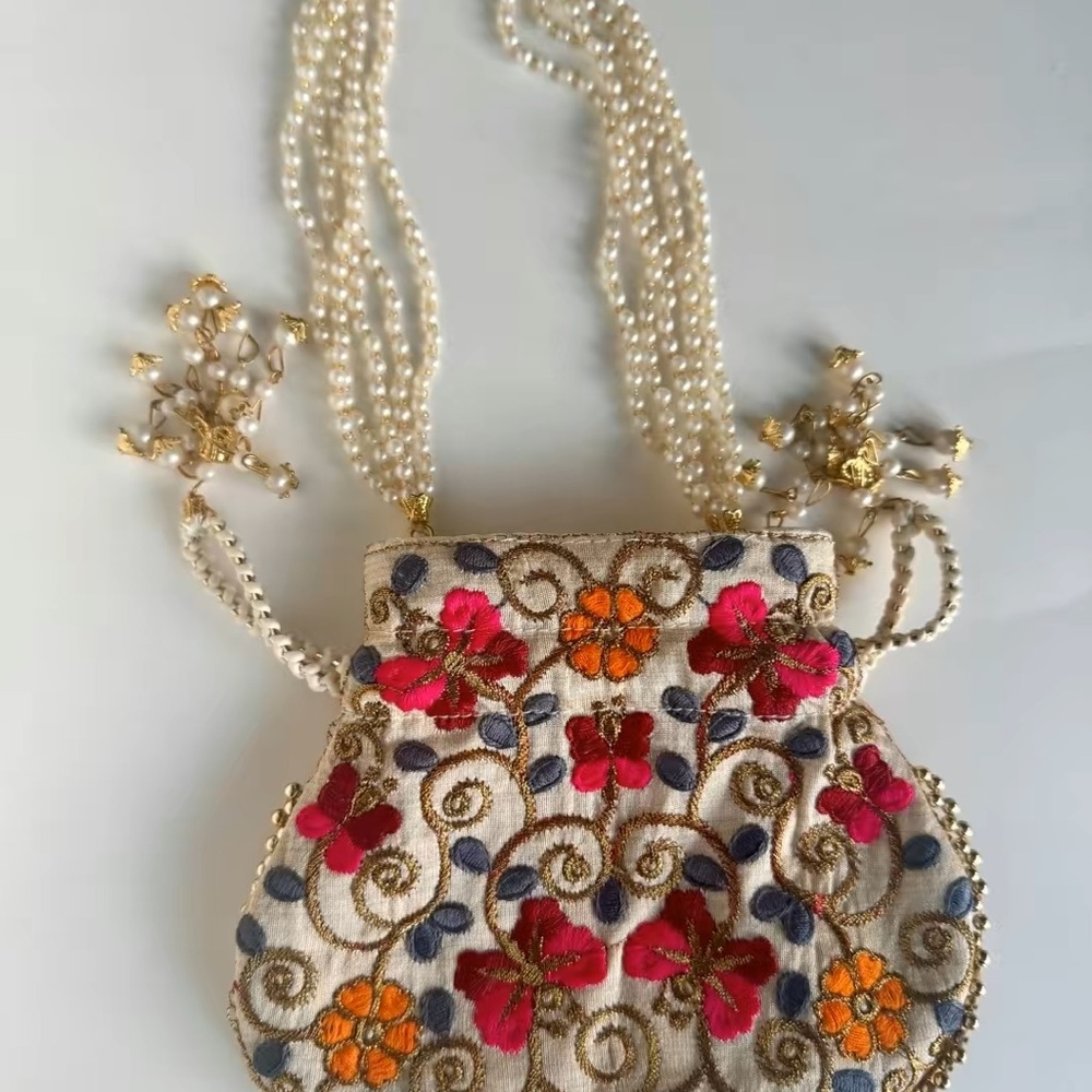 Embroidered Floral Pearl Handle Mini Potli Bag